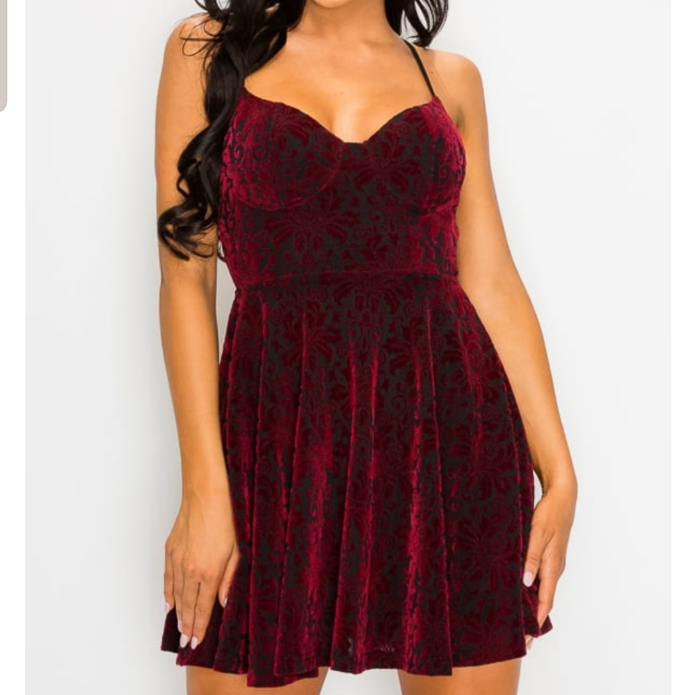 VELVET SCROLL BUSTIER FIT AND FLARE DRESS